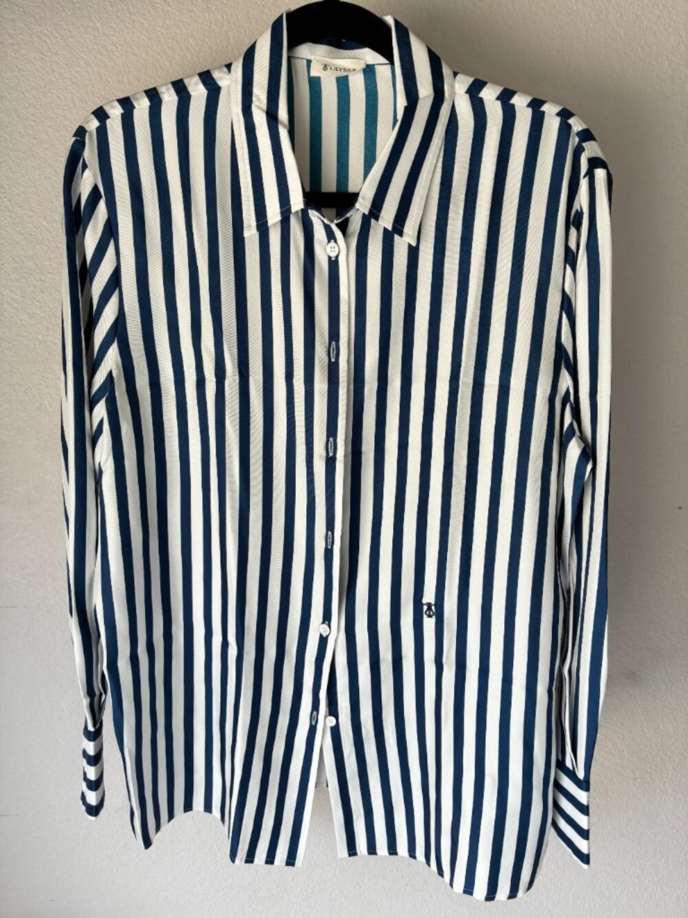Lilysilk Navy Blue stripe silk blouse